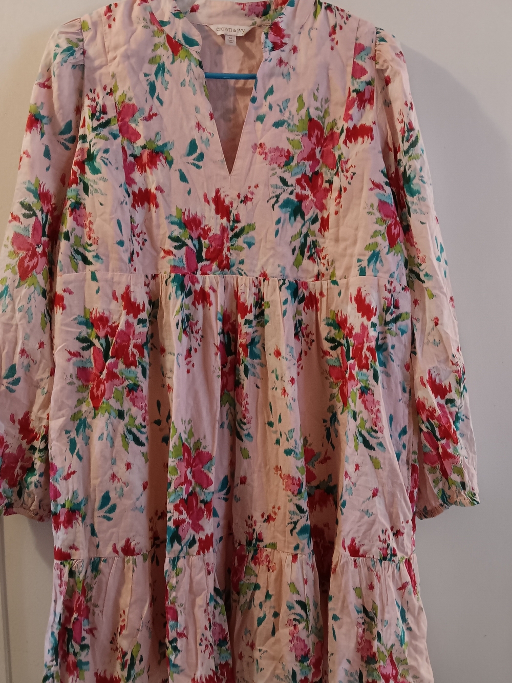 Cotton On Pink Floral Tiered Dress with Red and Green Accents